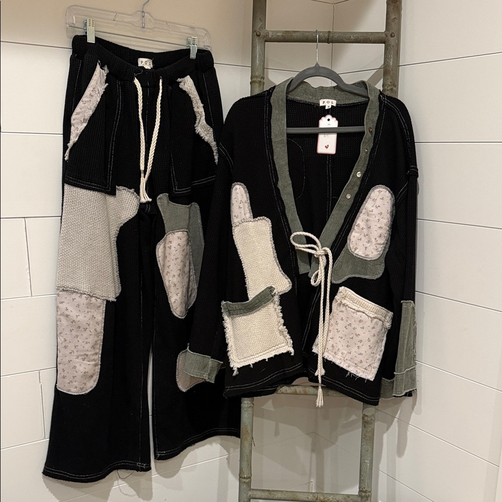 NEW POL SET :Black Set with Patchwork Cardigan & Wide-Leg Pants Neutral Patches